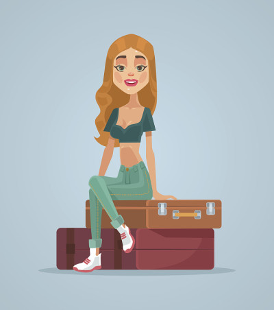 快乐微笑的旅行者女人性格坐在手提箱包