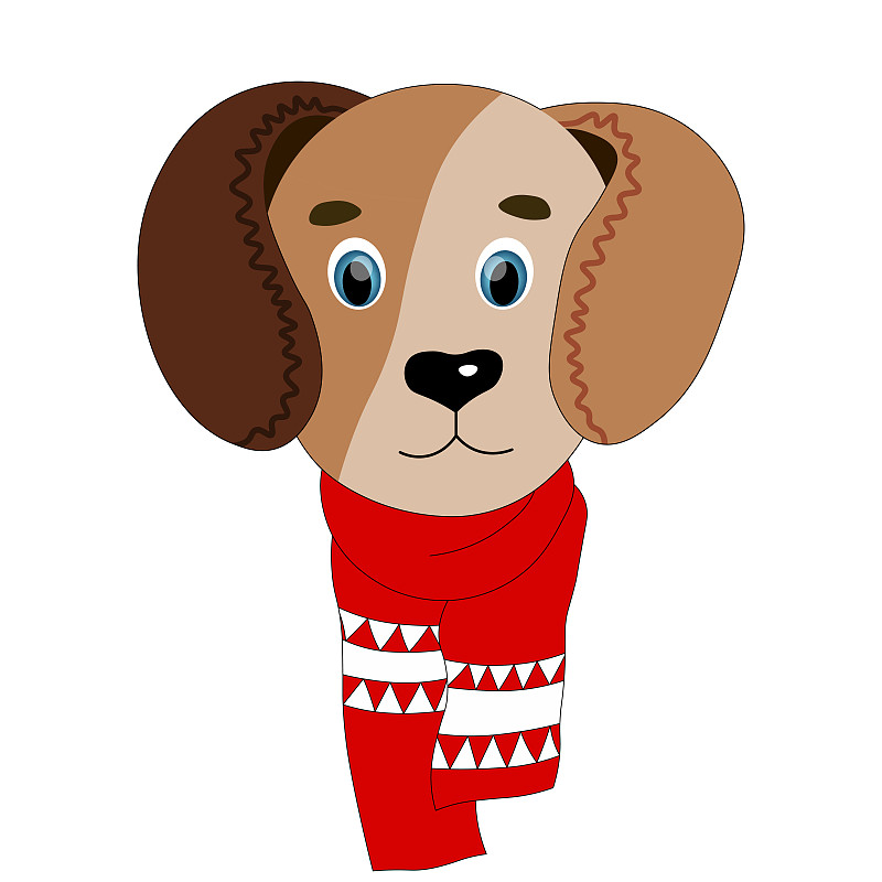 Colorful cute vector dog face in a winter scarf. O