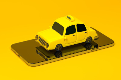 迷你3D出租车，配有手机的迷你车，3D渲染。