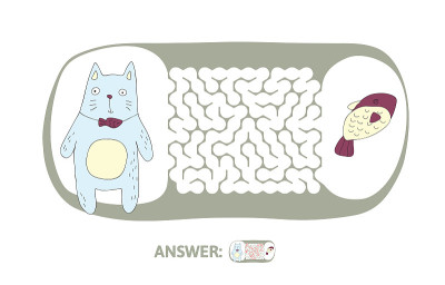 猫和鱼的儿童迷宫。儿童益智游戏，矢量迷宫插图。
