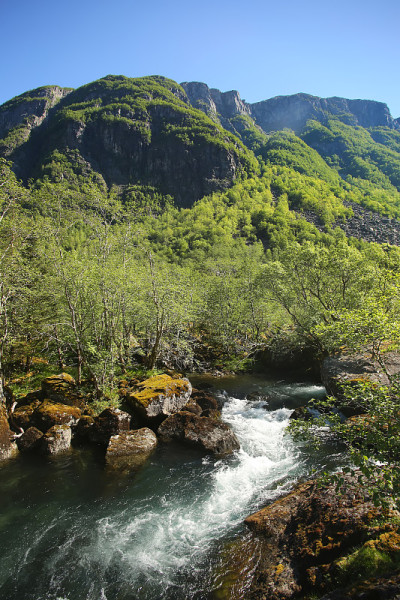 美丽的风景沿着山徒步到Myrdalsvatnet和Bondhus湖，靠近Rosendal, Folg