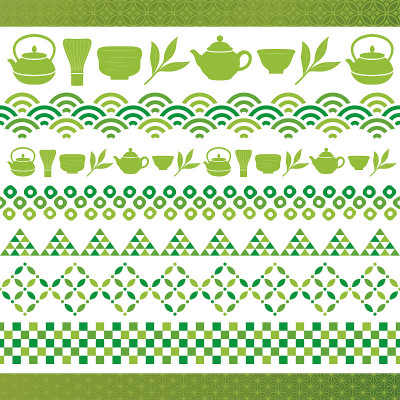 一套绿茶插图。抹茶横幅。