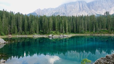 山和树倒映在清澈的湖水
