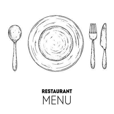 盘子，勺子，叉子和刀的草图。前视图。餐具。手绘矢量插图。的草图。表设置。