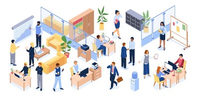 等距办公室的人。商务办公场所配备桌椅电脑，男女银行专业团队，工作空间开放环境。企业团队会议矢量集