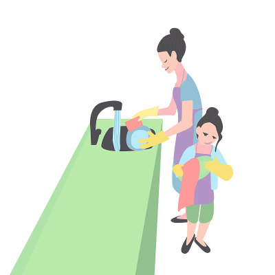母亲和女儿在洗盘子。女人和女孩