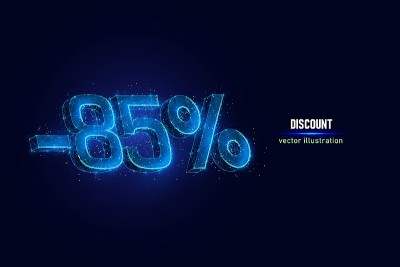 由连接点制成的数码线框减价85%。假日折扣低多边形矢量插图在蓝色的背景。