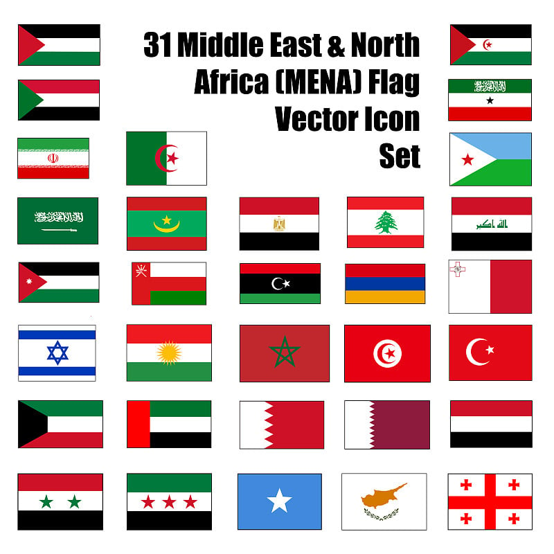 31中东和北非旗帜(MENA)矩形图标主要国家和地区。