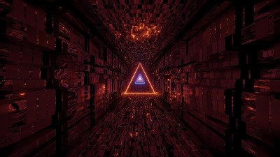 发光的线框三角形与技术反射隧道走廊3d插图背景墙纸，