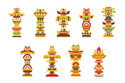 宗教图腾集，丰富多彩的本土文化部落符号矢量插图上的白色背景