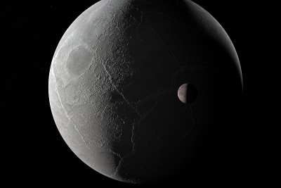 Dysnomia在外太空绕着矮行星Eris旋转。三维渲染