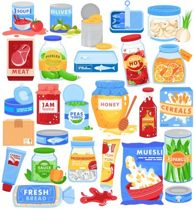 食品可包装矢量插图集，卡通扁罐头食品产品收集与果酱罐，罐头保存孤立的白色