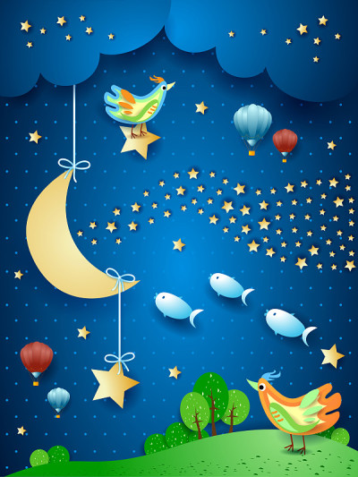 梦幻的夜晚有月亮，星星，鸟，气球和飞鱼