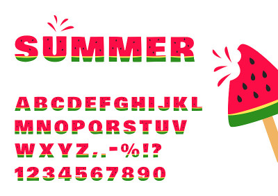 西瓜字体，夏季字母和数字。矢量图