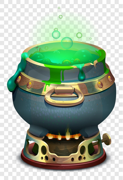 在透明的背景上，锅里沸腾着魔法药水