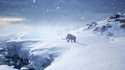 一只巨大的猛犸象正沿着积雪覆盖的冰川行走。冬季自然条件下巨大的高冰川。北极冬季景观。3 d渲染。