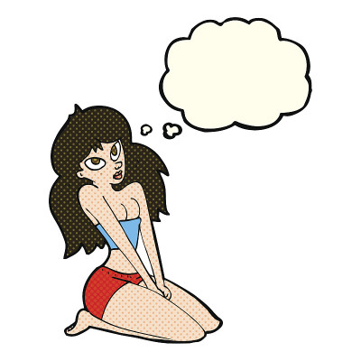 穿着暴露的卡通女人和思想泡泡