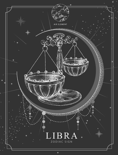 现代魔法魔法卡带有天秤座生肖。逼真的手绘比例插图