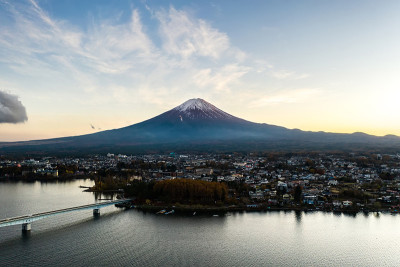 川口湖鸟瞰图，位于Fujikawaguchiko和Minobu边境，山ashi县南部靠近富士山，日本