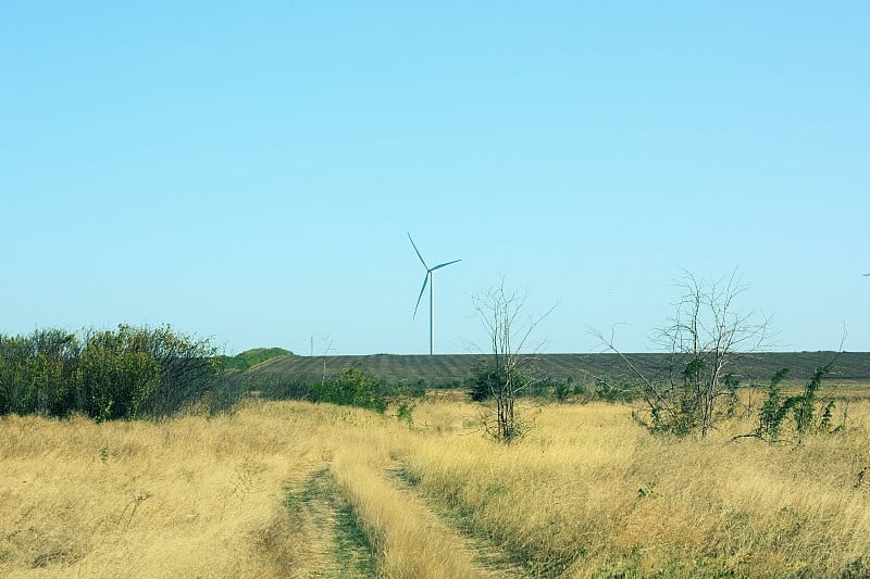 风力涡轮机，野草田能源转换器当地生态友好风电场背景绿色生态电力