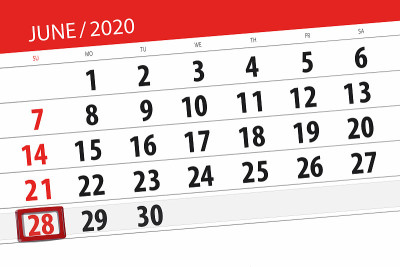 日历计划2020年6月，截止日期，28日，周日