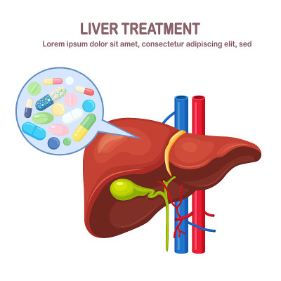 Human liver with pills, drugs, medicine isolated o