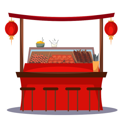 亚洲食品柜台。户外餐厅有炸鱼，蟹，虾，面条。向量孤立的插图。