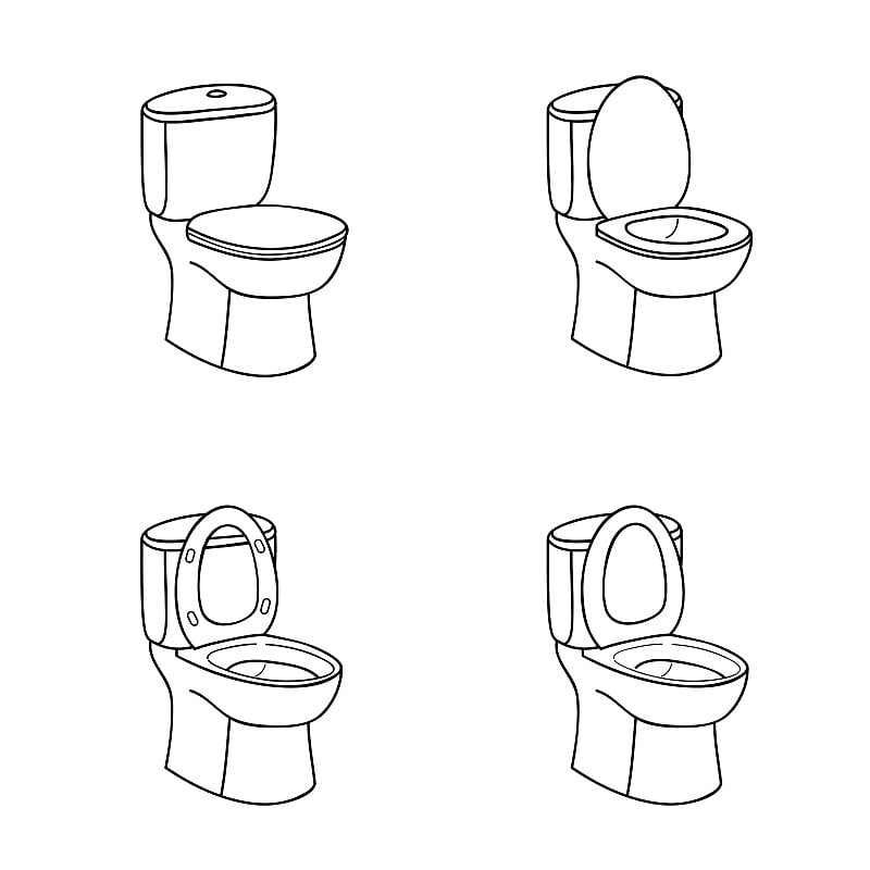 厕所素描的迹象。带坐垫的马桶。线条艺术图标集。