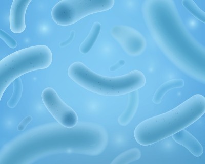 益生菌。微生物和治疗微生物有机体，乳酸菌为菌群胃，微生物蓝色有机三维微球液体矢量背景