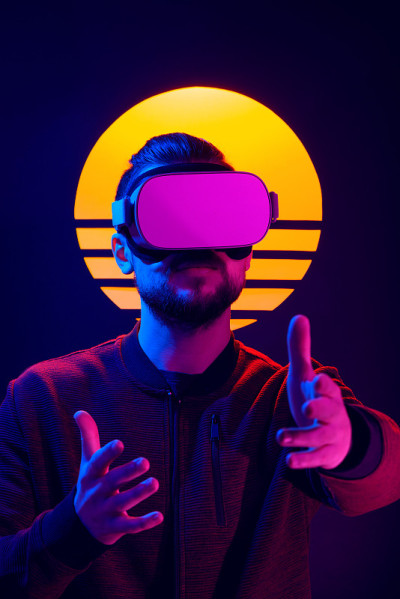 VR视频游戏体验80年代的合成波和复古波未来美学。