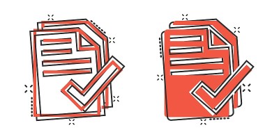 漫画风格的文档清单图标。报告在白色孤立背景上的卡通矢量插图。纸张飞溅效应的经营理念。