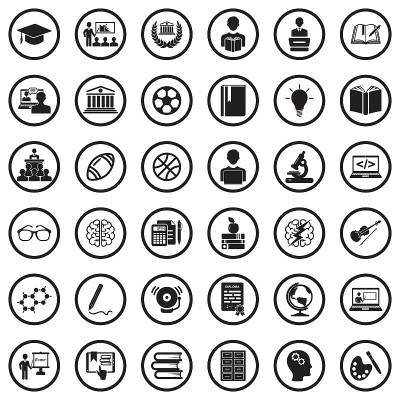大学图标。圆形黑色平面设计。矢量插图。