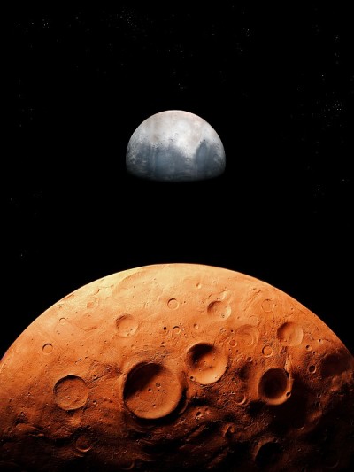 这颗红色星球的表面布满了陨石坑，行星卫星，太空景观。
