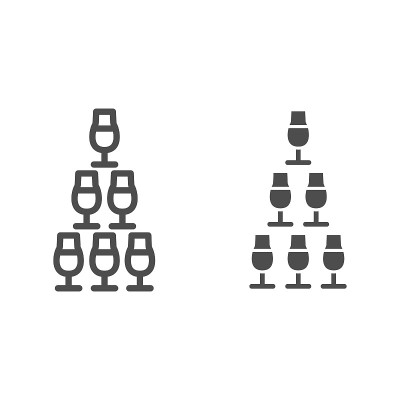 金字塔的眼镜线和固体图标，调酒日的概念，眼镜金字塔站在白色的背景标志，酒杯堆叠在金字塔塔图标的轮廓风