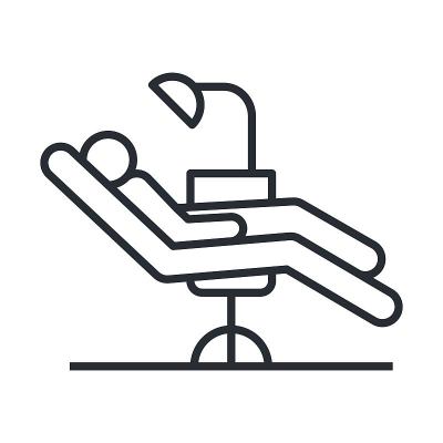 牙医椅，正畸平面图标。牙科保健设备标志、医疗要素。