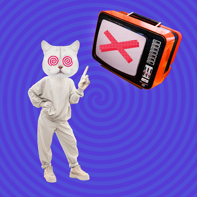 时尚的最小拼贴场景。有趣的猫角色催眠电视。新闻、负面、错误信息的概念