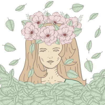 手绘瑜伽女孩花环与野玫瑰和绿叶矢量插图