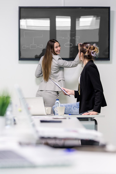 Cheerful women drawing an algorithm