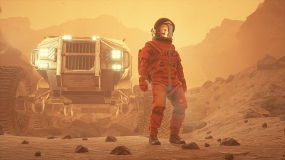 一名宇航员在一个陌生的沙漠星球上遇到了黎明。这个人是用3D电脑图形创造出来的。三维渲染