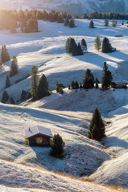 意大利南蒂洛尔Dolomites，风景优美的Alpe di Siusi和著名的Langkofel山峰