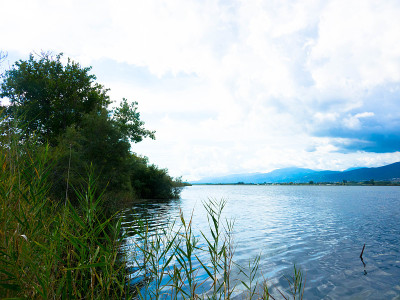 法国科西嘉自然保护区L'Etang de Biguglia湖全景图。旅游度假理念。
