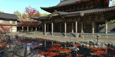 古老的日本宫殿在秋季3d插图