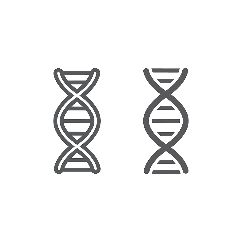DNA线和符号图标，染色体和生物学，遗传符号，矢量图形，白色背景上的线性图案。