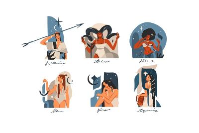手绘矢量股票抽象图形插图与黄道占星术当代标志集，美丽神奇的女性角色，剪贴画波西米亚设计孤立在白色背景