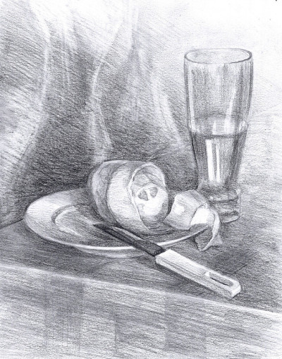 《柠檬静物》，刀，铅笔