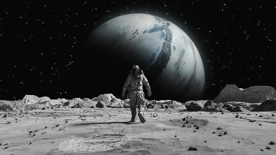 勇敢的宇航员穿着宇航服在月球上自信地走向太空星球，身上覆盖着岩石。第一位登上月球表面的宇航员。人类的