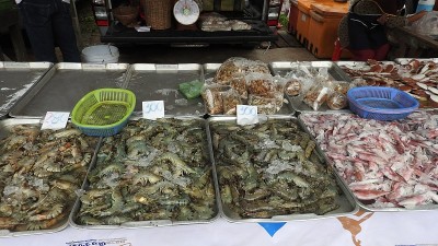 泰国市场里的虾，龙虾和螃蟹