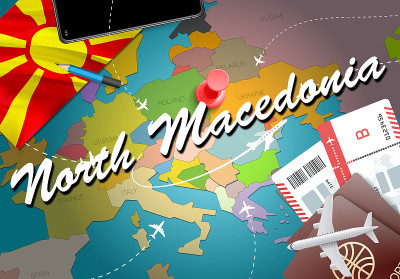 North MNorth马其顿旅游概念地图背景与飞机，ticketacedonia旅游概念地图背景与