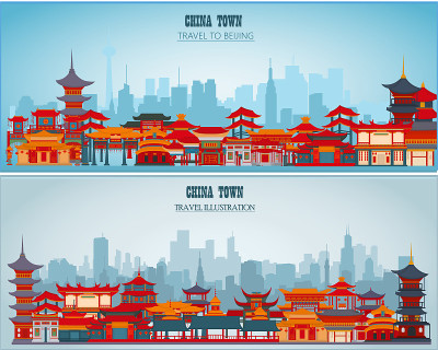 带有中国传统建筑和大门的矢量贺卡