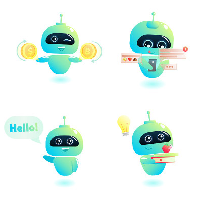 可爱的机器人字符集。Chatbot问候。在线咨询